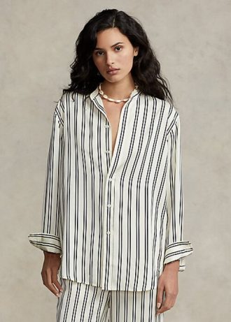 Musta / kermanvärinen Naisten Ralph Lauren Oversize raidalliset satiinipaidat Musta / kermanvärinen Naisten Ralph Lauren Oversize raidalliset satiinipaidat