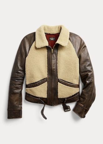 Musta/kermanvärinen naisten Ralph Lauren Shearling-paneloidut nahkatakit Musta/kermanvärinen naisten Ralph Lauren Shearling-paneloidut nahkatakit