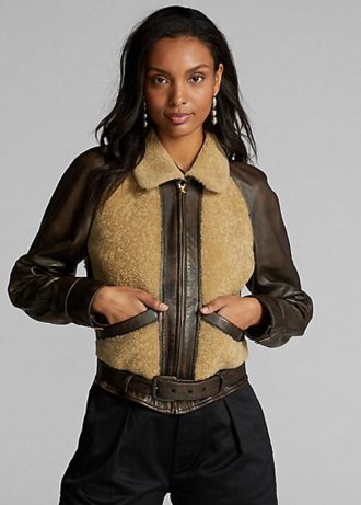 Musta/kermanvärinen naisten Ralph Lauren Shearling-paneloidut nahkatakit Musta/kermanvärinen naisten Ralph Lauren Shearling-paneloidut nahkatakit