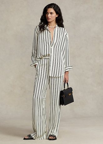 Musta/kermanvärinen naisten Ralph Lauren Striped Satin -leveälahkeiset housut