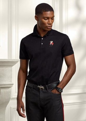 Musta miesten Ralph Lauren mukautetut Slim Fit Bear poolopaidat Musta miesten Ralph Lauren mukautetut Slim Fit Bear poolopaidat