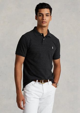 Musta miesten Ralph Lauren mukautetut Slim Fit mesh poolopaidat Musta miesten Ralph Lauren mukautetut Slim Fit mesh poolopaidat
