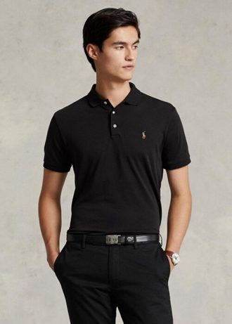 Musta miesten Ralph Lauren mukautetut Slim Fit pehmeät puuvillaiset poolopaidat Musta miesten Ralph Lauren mukautetut Slim Fit pehmeät puuvillaiset poolopaidat