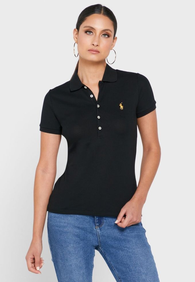 Musta Naisten Ralph Lauren Button Yksityiskohta Shirt Poolopaidat Musta Naisten Ralph Lauren Button Yksityiskohta Shirt Poolopaidat