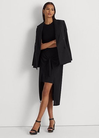 Musta Naisten Ralph Lauren Tie-Front Stretch Jersey Midi-hameet