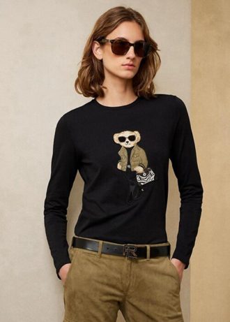 Musta naisten Ralph Lauren Utility Bear puuvilla pitkähihaiset T-paidat