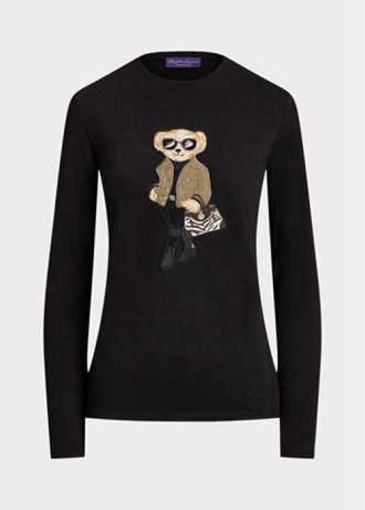 Musta naisten Ralph Lauren Utility Bear puuvilla pitkähihaiset T-paidat