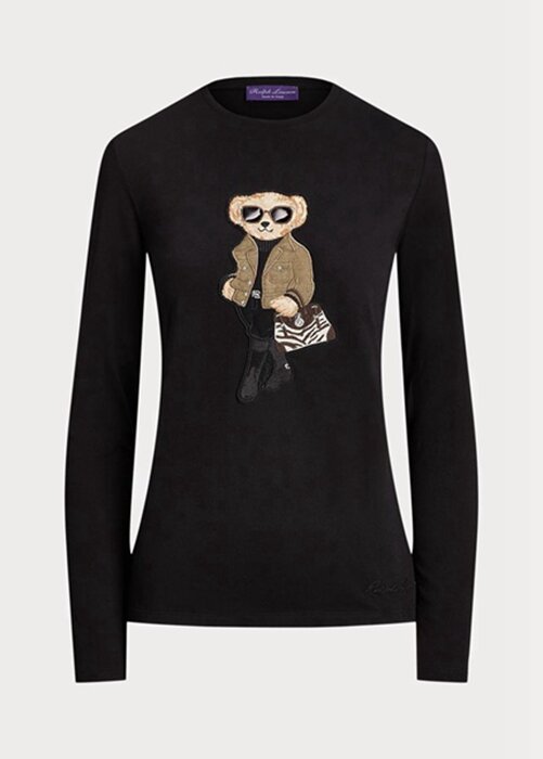 Musta naisten Ralph Lauren Utility Bear puuvilla pitkähihaiset T-paidat Musta naisten Ralph Lauren Utility Bear puuvilla pitkähihaiset T-paidat