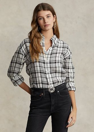 Musta / valkoinen Naisten Ralph Lauren Relaxed Fit Plaid pellavapaidat Musta / valkoinen Naisten Ralph Lauren Relaxed Fit Plaid pellavapaidat
