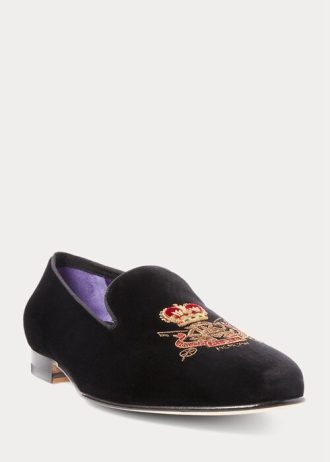 Mustat miesten Ralph Lauren Alonzo Bullion Crest Velvet -mekkokengät