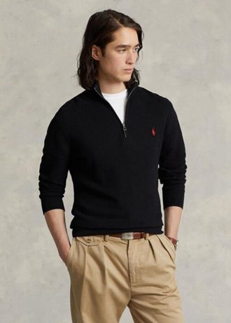 Mustat miesten Ralph Lauren verkkoneulotut puuvillaiset neulepuserot Mustat miesten Ralph Lauren verkkoneulotut puuvillaiset neulepuserot