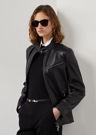 Mustat naisten Ralph Lauren Keven Lambskin Biker -takit Mustat naisten Ralph Lauren Keven Lambskin Biker -takit