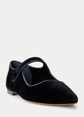 Mustat naisten Ralph Lauren Velvet Mary Jane teräväkärkiset litteät kengät