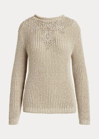 Naisten beige-väriset Ralph Lauren -koristeelliset silkkikaula-neulepuserot Naisten beige-väriset Ralph Lauren -koristeelliset silkkikaula-neulepuserot