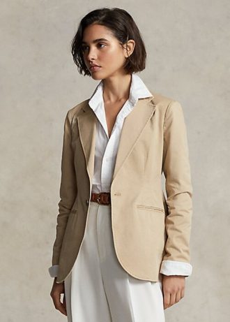 Naisten beige-väriset Ralph Laurenin joustavat Twill-bleiserit Naisten beige-väriset Ralph Laurenin joustavat Twill-bleiserit