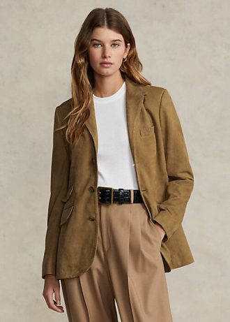 Naisten khakiväriset Ralph Lauren lampaannahkaiset mokkanahkaiset bleiserit Naisten khakiväriset Ralph Lauren lampaannahkaiset mokkanahkaiset bleiserit