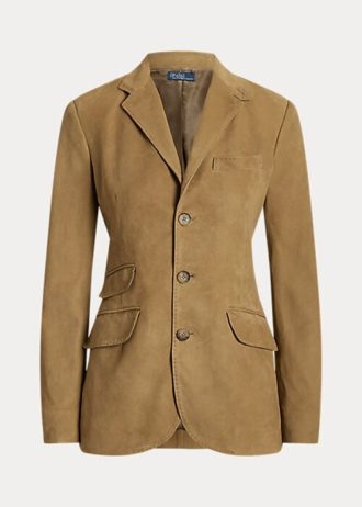 Naisten khakiväriset Ralph Lauren lampaannahkaiset mokkanahkaiset bleiserit Naisten khakiväriset Ralph Lauren lampaannahkaiset mokkanahkaiset bleiserit