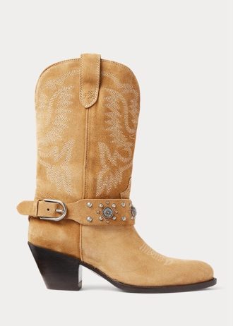 Naisten khakiväriset Ralph Lauren -nastalliset pohkeen mokkanahkaiset länsimaissaappaat Naisten khakiväriset Ralph Lauren -nastalliset pohkeen mokkanahkaiset länsimaissaappaat