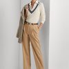 Naisten khakiväriset Ralph Laurenin laskostetut Twill-housut Naisten khakiväriset Ralph Laurenin laskostetut Twill-housut