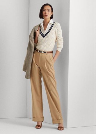 Naisten khakiväriset Ralph Laurenin laskostetut Twill-housut Naisten khakiväriset Ralph Laurenin laskostetut Twill-housut