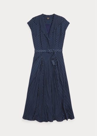 Naisten laivastonsininen/kermanvärinen Ralph Lauren Polka-Dot Silk Georgette -mekko