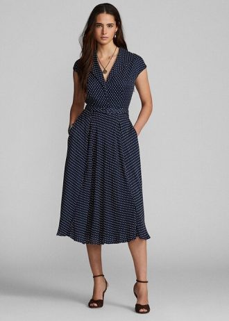 Naisten laivastonsininen/kermanvärinen Ralph Lauren Polka-Dot Silk Georgette -mekko