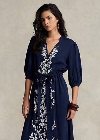 Naisten laivastonsininen Ralph Lauren kukkakirjailtu marsumekko