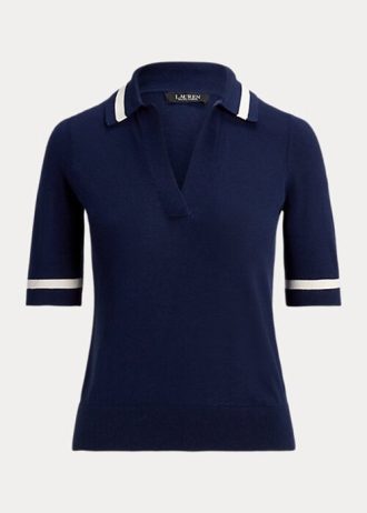 Naisten laivastonsiniset Ralph Lauren silkkisekoiteiset lyhythihaiset villapaidat Naisten laivastonsiniset Ralph Lauren silkkisekoiteiset lyhythihaiset villapaidat