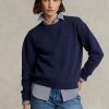 Naisten laivastonväriset Ralph Lauren -fleece-crewneck-neulepuserot Naisten laivastonväriset Ralph Lauren -fleece-crewneck-neulepuserot