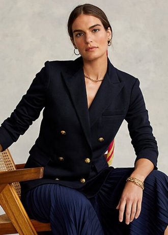 Naisten laivastonväriset Ralph Lauren -neulotut kaksiriviset bleiserit Naisten laivastonväriset Ralph Lauren -neulotut kaksiriviset bleiserit