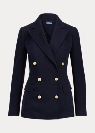 Naisten laivastonväriset Ralph Lauren -neulotut kaksiriviset bleiserit Naisten laivastonväriset Ralph Lauren -neulotut kaksiriviset bleiserit