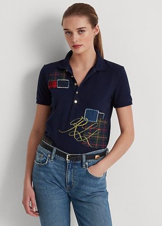 Naisten laivastonväriset Ralph Lauren Patchwork pikeevät poolopaidat