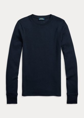 Naisten laivastonväriset Ralph Lauren -resorit mokkanahalla ja pitkähihaiset T-paidat