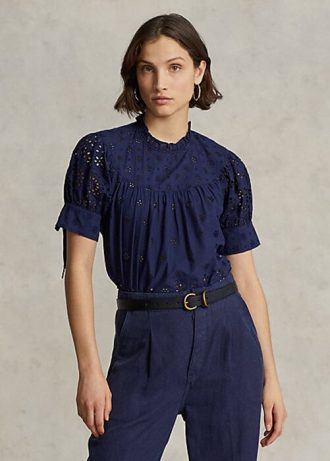 Naisten laivastonväriset Ralph Lauren -silmukoilla brodeeratut puuvillatopit Naisten laivastonväriset Ralph Lauren -silmukoilla brodeeratut puuvillatopit