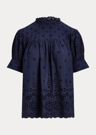 Naisten laivastonväriset Ralph Lauren -silmukoilla brodeeratut puuvillatopit Naisten laivastonväriset Ralph Lauren -silmukoilla brodeeratut puuvillatopit