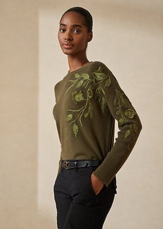 Naisten oliivinväriset Ralph Lauren -koristetut cashmere-neulepuserot Naisten oliivinväriset Ralph Lauren -koristetut cashmere-neulepuserot