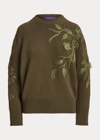 Naisten oliivinväriset Ralph Lauren -koristetut cashmere-neulepuserot Naisten oliivinväriset Ralph Lauren -koristetut cashmere-neulepuserot