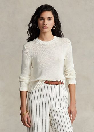 Naisten valkoiset Ralph Lauren Cotton Crewneck -neulepuserot Naisten valkoiset Ralph Lauren Cotton Crewneck -neulepuserot