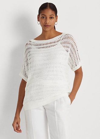 Naisten valkoiset Ralph Lauren Cotton Mesh lyhythihaiset villapaidat Naisten valkoiset Ralph Lauren Cotton Mesh lyhythihaiset villapaidat