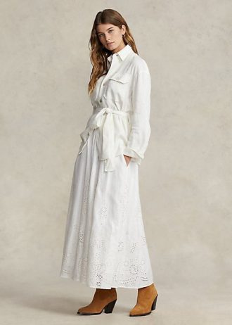 Naisten valkoiset Ralph Lauren Eyelet -pellavaiset midihameet
