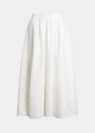 Naisten valkoiset Ralph Lauren Eyelet -pellavaiset midihameet