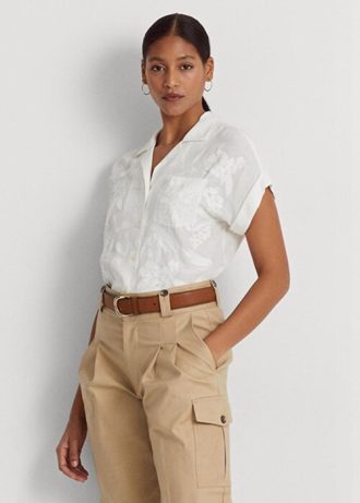 Naisten valkoiset Ralph Lauren Eyelet Voile lyhythihaiset puserot Naisten valkoiset Ralph Lauren Eyelet Voile lyhythihaiset puserot
