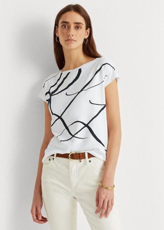 Naisten valkoiset Ralph Lauren -logoprintit puuvillasekoitetut topit Naisten valkoiset Ralph Lauren -logoprintit puuvillasekoitetut topit