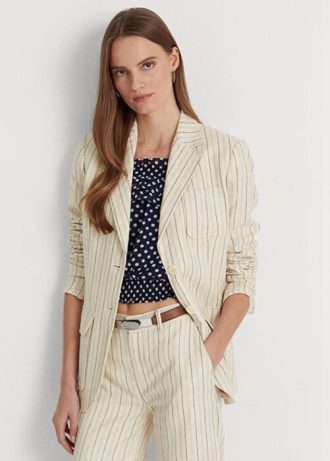 Naisten valkoiset Ralph Lauren -raidalliset pellavasekoite Twill Blazerit Naisten valkoiset Ralph Lauren -raidalliset pellavasekoite Twill Blazerit