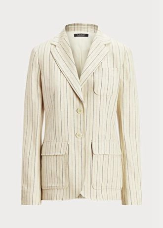 Naisten valkoiset Ralph Lauren -raidalliset pellavasekoite Twill Blazerit Naisten valkoiset Ralph Lauren -raidalliset pellavasekoite Twill Blazerit