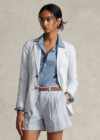 Naisten valkoiset Ralph Lauren Seersucker bleiserit Naisten valkoiset Ralph Lauren Seersucker bleiserit
