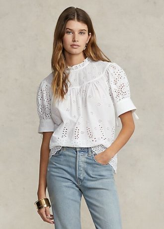 Naisten valkoiset Ralph Lauren -silmukalla brodeeratut puuvillatopit Naisten valkoiset Ralph Lauren -silmukalla brodeeratut puuvillatopit