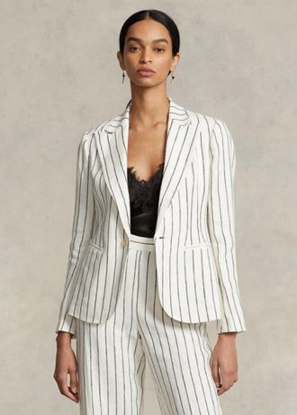 Naisten valkoiset Ralph Lauren Striped Pellava Jacquard-bleiserit Naisten valkoiset Ralph Lauren Striped Pellava Jacquard-bleiserit
