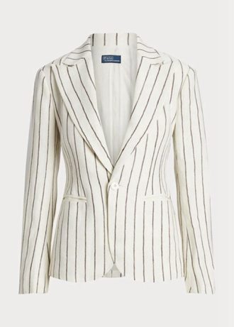 Naisten valkoiset Ralph Lauren Striped Pellava Jacquard-bleiserit Naisten valkoiset Ralph Lauren Striped Pellava Jacquard-bleiserit