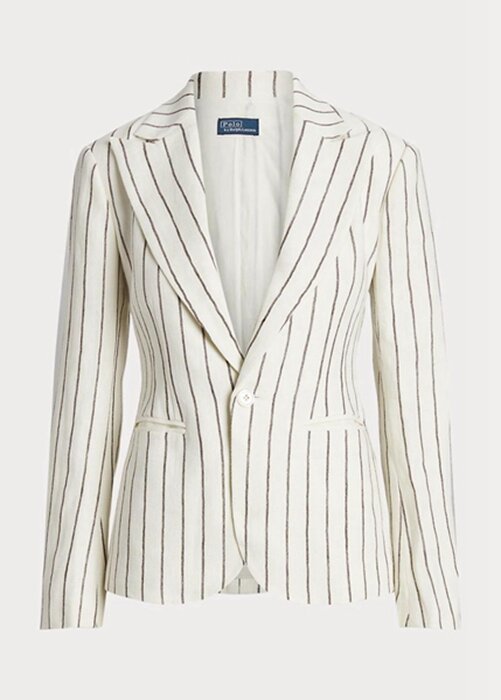 Naisten valkoiset Ralph Lauren Striped Pellava Jacquard-bleiserit Naisten valkoiset Ralph Lauren Striped Pellava Jacquard-bleiserit